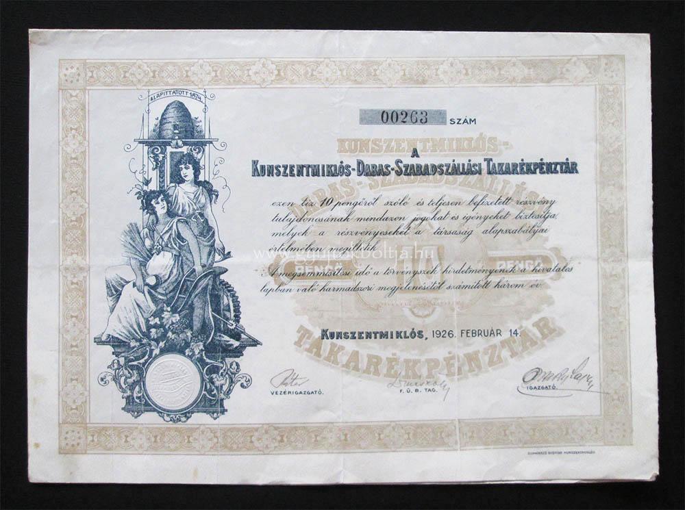 Kunszentmiklós-Dabas-Szabadszállás Takarékpénztár részvény 10 pengő 1926